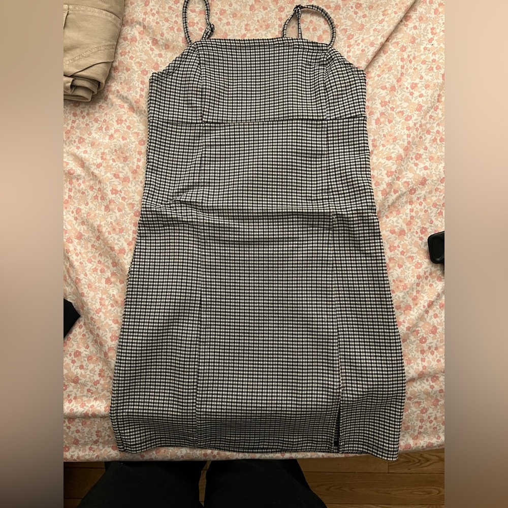 Dress with baby blue and black square pattern